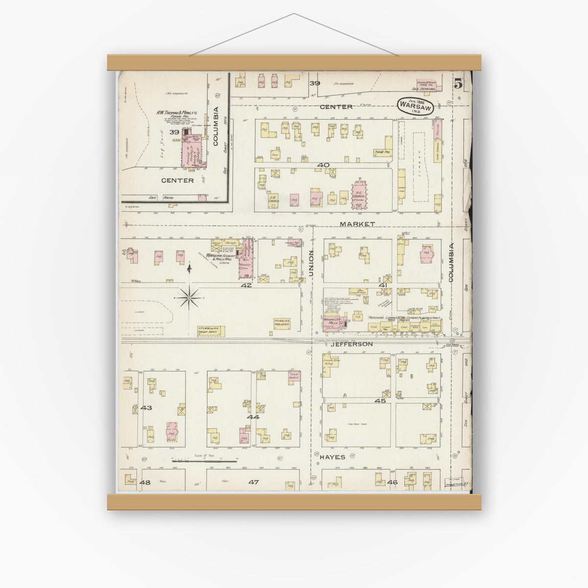 Old map wall art mockup — magnetic wood frame on white wall — Sanborn Fire Insurance Map from Warsaw, Kosciusko County, Indiana (1886), Sheet #0005