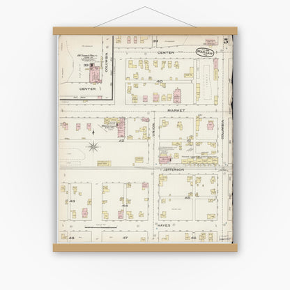 Old map wall art mockup — magnetic wood frame on white wall — Sanborn Fire Insurance Map from Warsaw, Kosciusko County, Indiana (1886), Sheet #0005