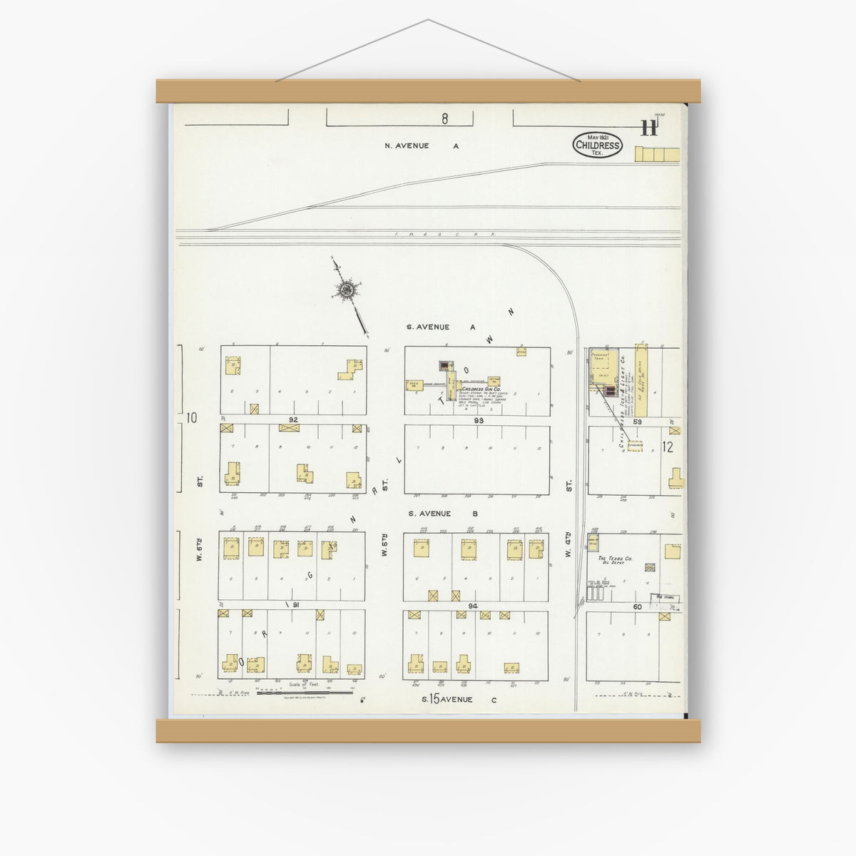 Old map wall art mockup — magnetic wood frame on white wall — Sanborn Fire Insurance Map from Childress, Childress County, Texas (1921), Sheet #0011