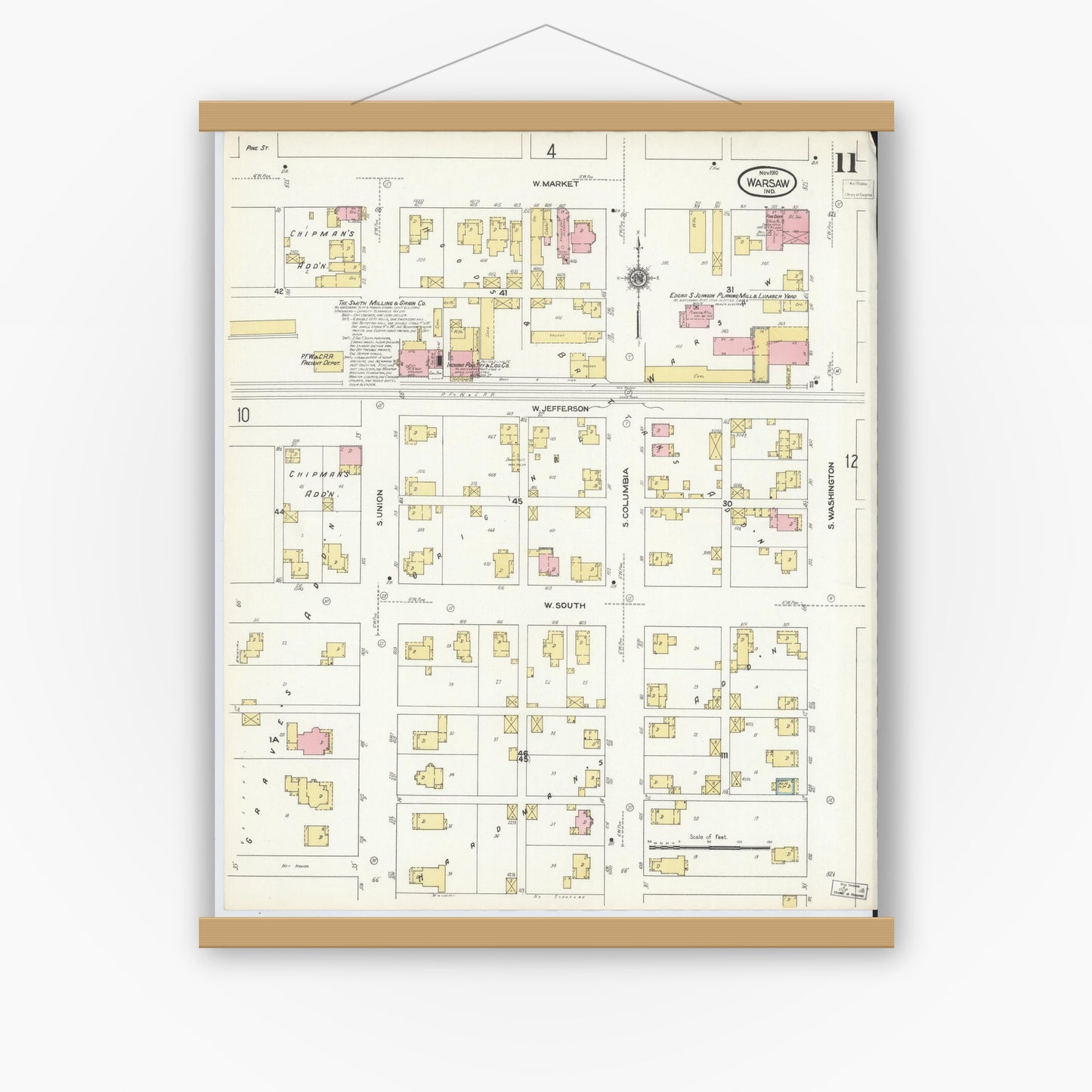 Old map wall art mockup — magnetic wood frame on white wall — Sanborn Fire Insurance Map from Warsaw, Kosciusko County, Indiana (1910), Sheet #0011