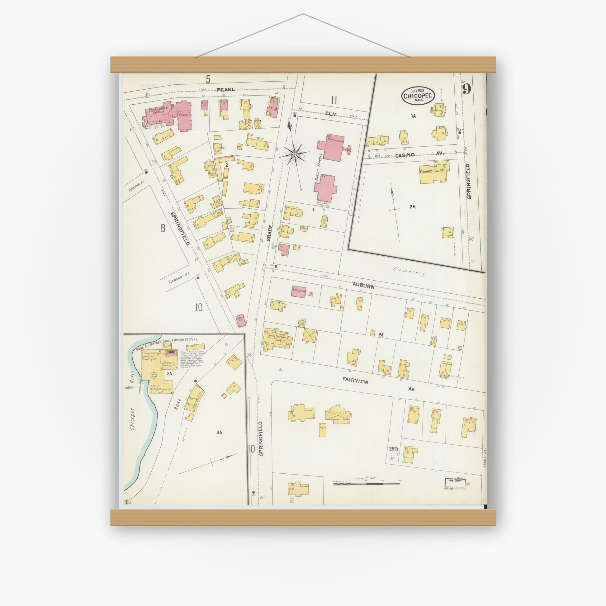 Old map wall art mockup — magnetic wood frame on white wall — Sanborn Fire Insurance Map from Chicopee, Hampden County, Massachusetts (1902), Sheet #0009