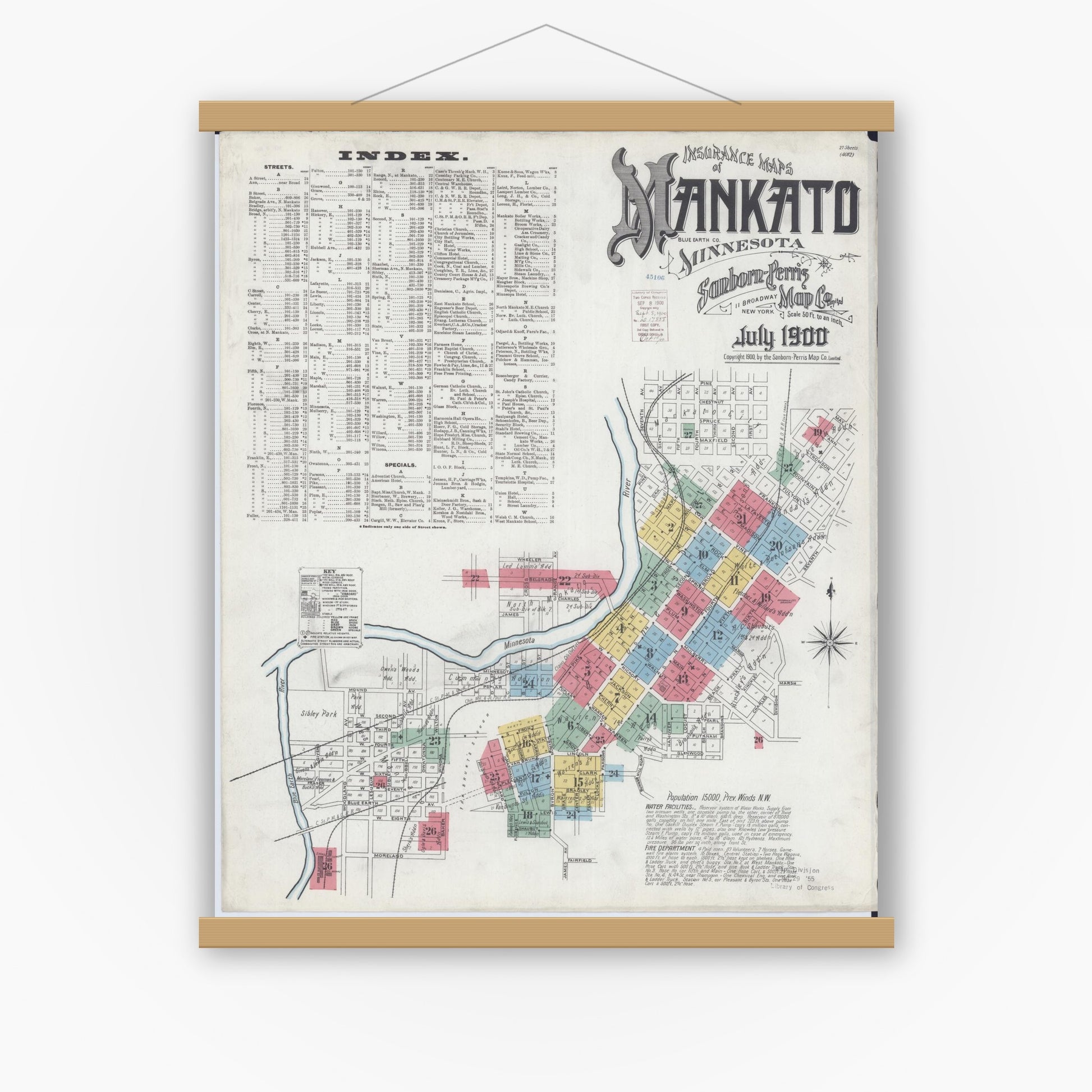 Old map wall art mockup — magnetic wood frame on white wall — Sanborn Fire Insurance Map from Mankato, Blue Earth County, Minnesota (1900), Sheet #0001