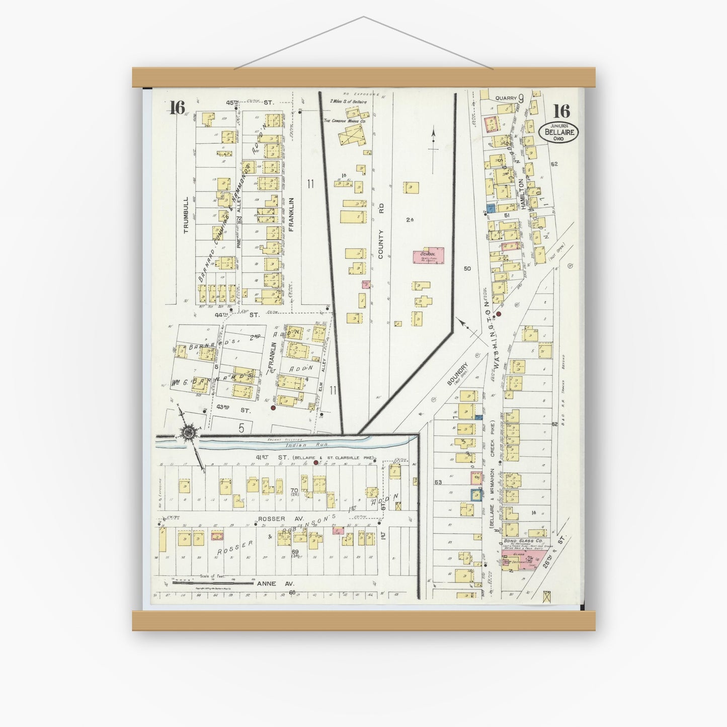 Old map wall art mockup — magnetic wood frame on white wall — Sanborn Fire Insurance Map from Bellaire, Belmont County, Ohio (1924), Sheet #0016