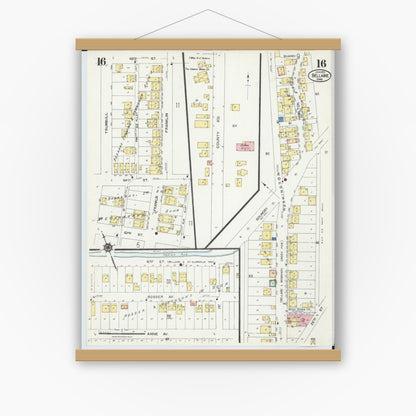 Old map wall art mockup — magnetic wood frame on white wall — Sanborn Fire Insurance Map from Bellaire, Belmont County, Ohio (1924), Sheet #0016