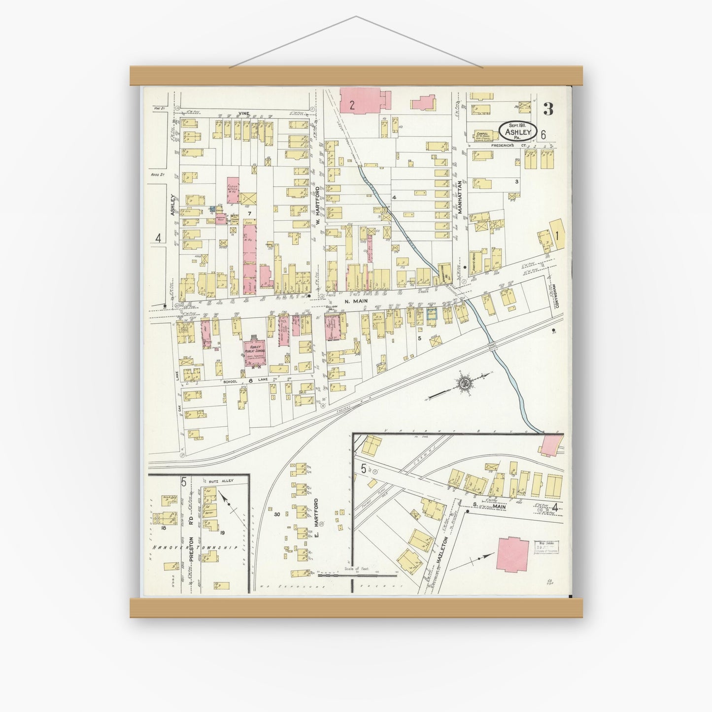 Old map wall art mockup — magnetic wood frame on white wall — Sanborn Fire Insurance Map from Ashley, Luzerne County, Pennsylvania (1911), Sheet #0003