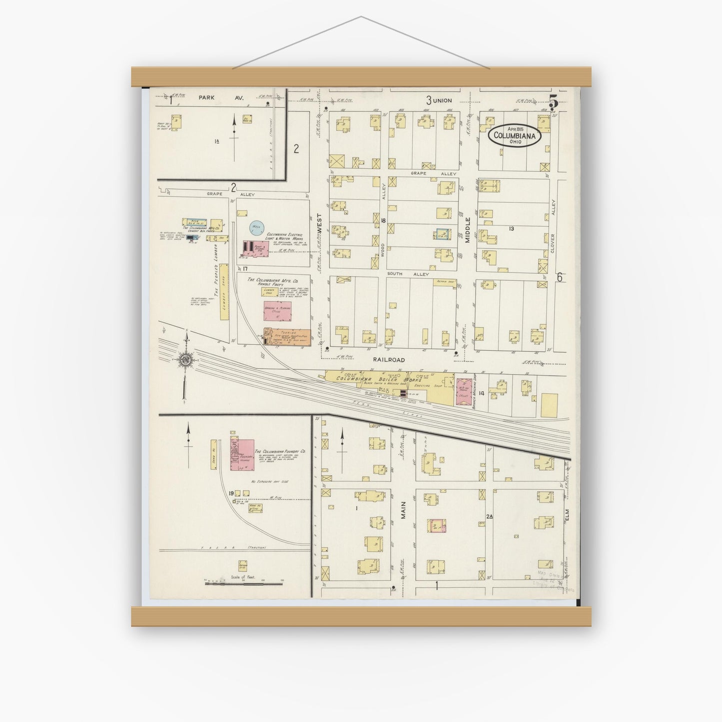 Old map wall art mockup — magnetic wood frame on white wall — Sanborn Fire Insurance Map from Columbiana, Columbiana County, Ohio (1915), Sheet #0005