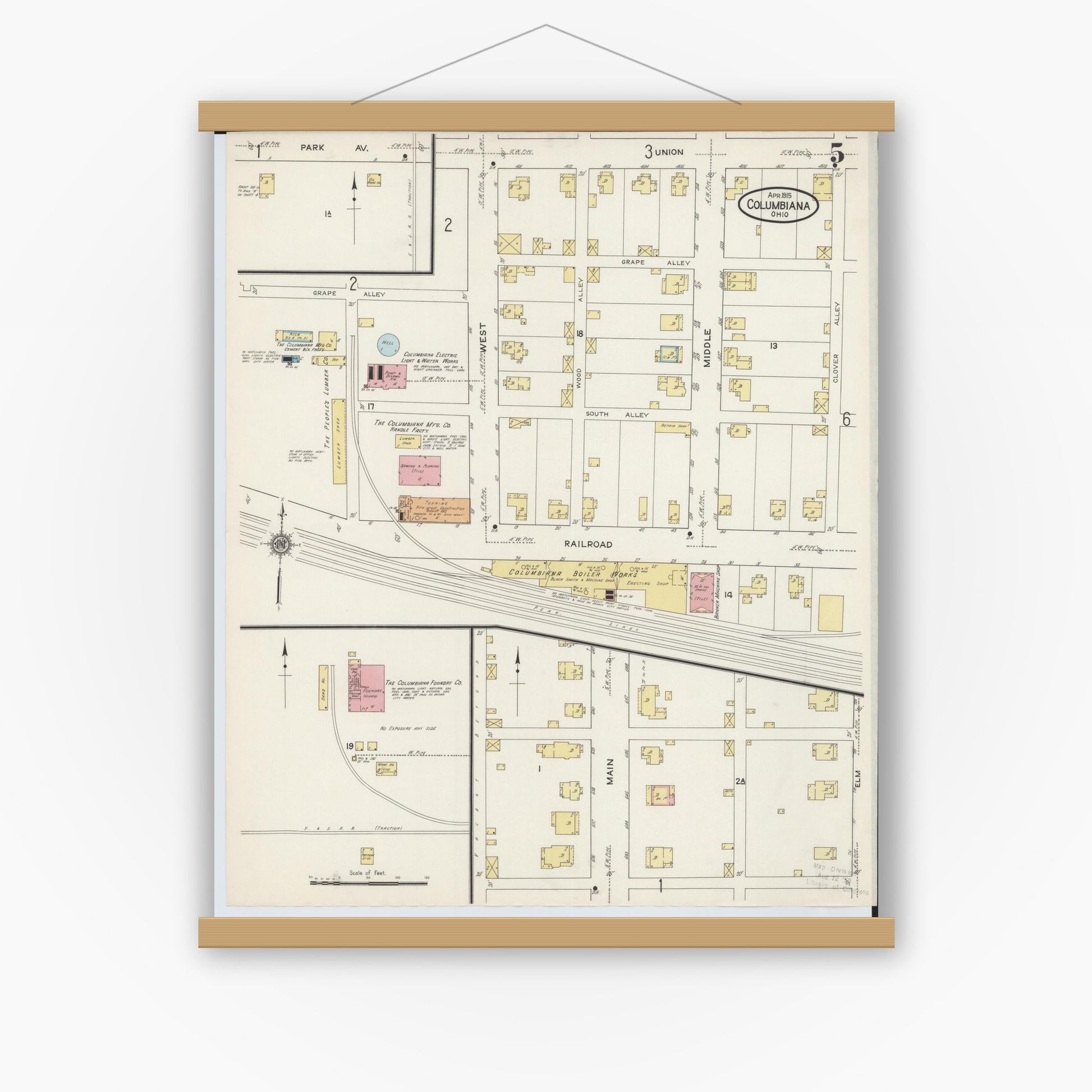 Old map wall art mockup — magnetic wood frame on white wall — Sanborn Fire Insurance Map from Columbiana, Columbiana County, Ohio (1915), Sheet #0005