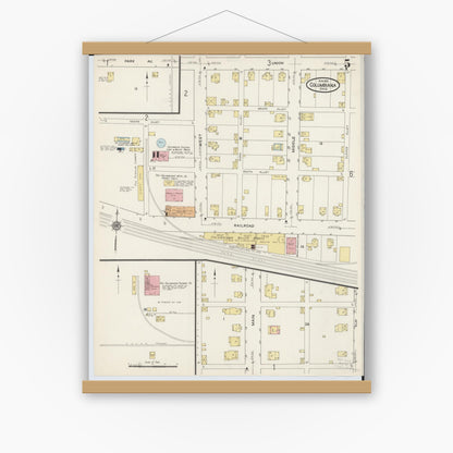 Old map wall art mockup — magnetic wood frame on white wall — Sanborn Fire Insurance Map from Columbiana, Columbiana County, Ohio (1915), Sheet #0005