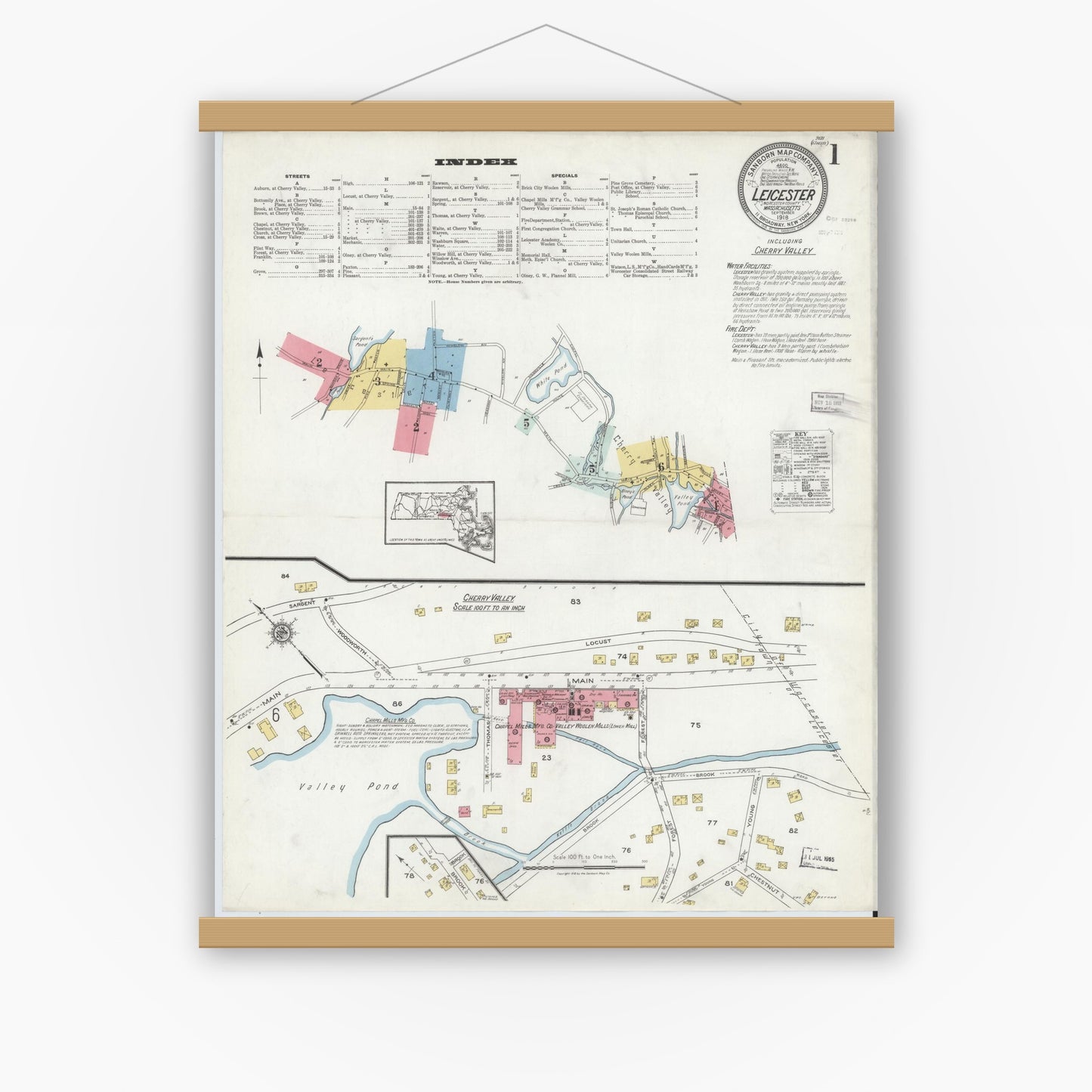 Old map wall art mockup — magnetic wood frame on white wall — Sanborn Fire Insurance Map from Leicester, Worcester County, Massachusetts (1918), Sheet #0001