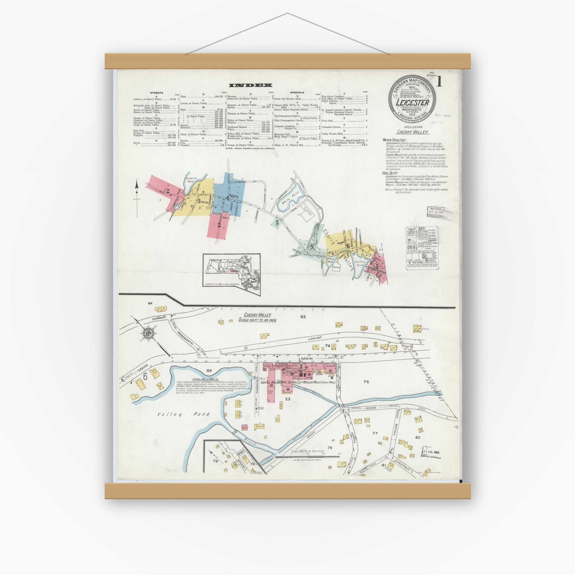 Old map wall art mockup — magnetic wood frame on white wall — Sanborn Fire Insurance Map from Leicester, Worcester County, Massachusetts (1918), Sheet #0001