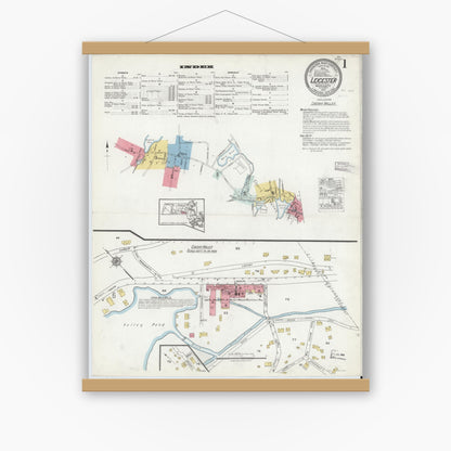 Old map wall art mockup — magnetic wood frame on white wall — Sanborn Fire Insurance Map from Leicester, Worcester County, Massachusetts (1918), Sheet #0001