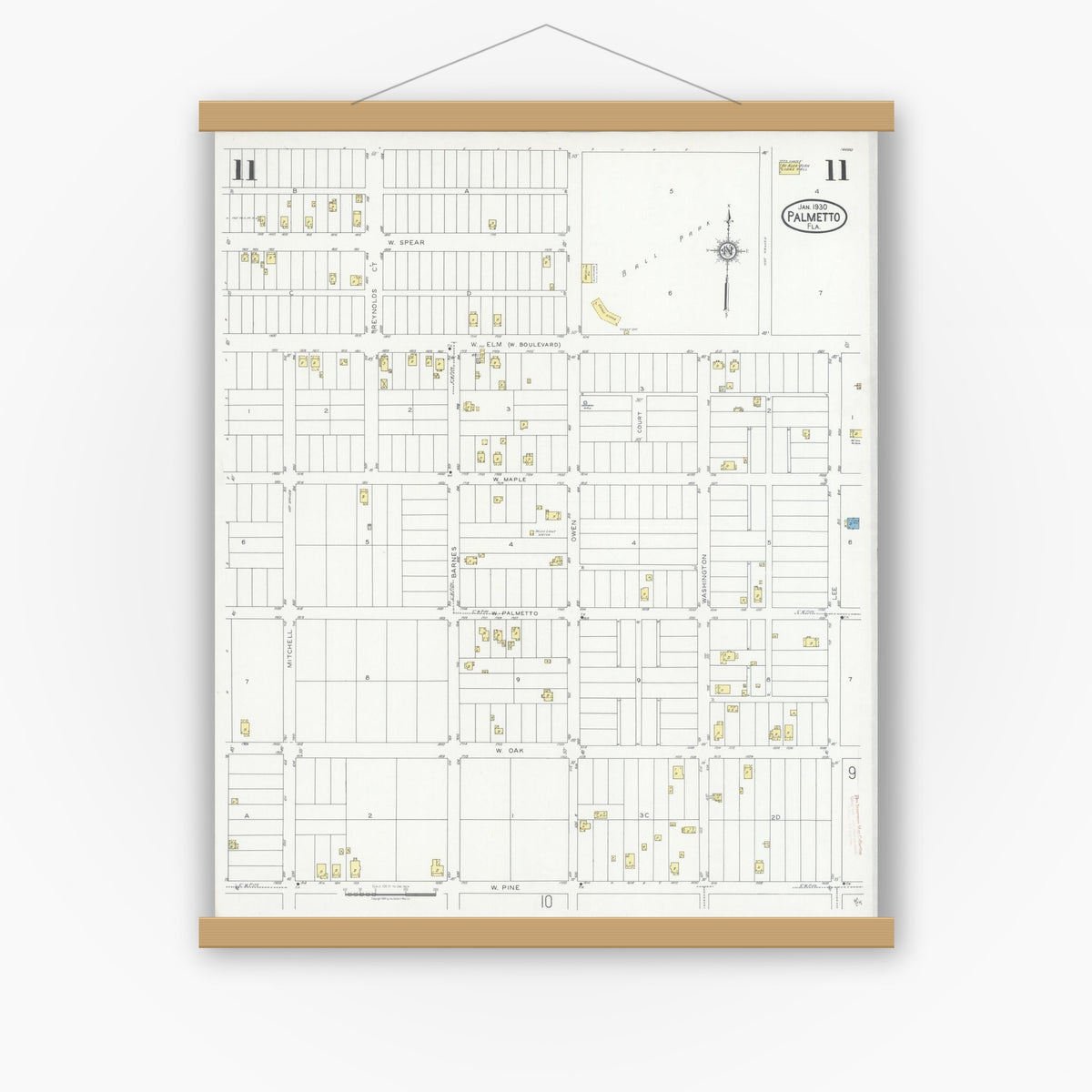 Old map wall art mockup — magnetic wood frame on white wall — Sanborn Fire Insurance Map from Palmetto, Manatee County, Florida (1930), Sheet #0011