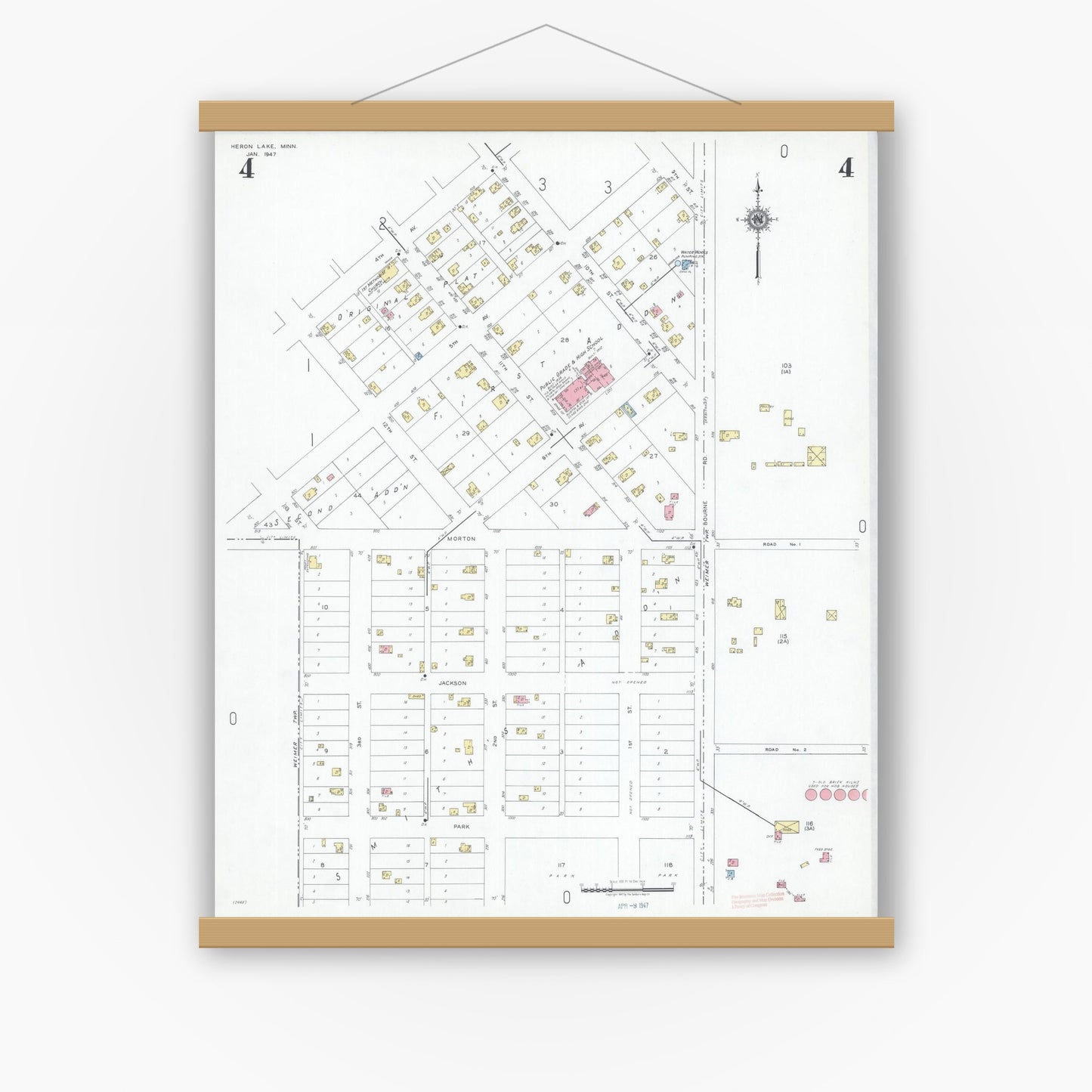 Old map wall art mockup — magnetic wood frame on white wall — Sanborn Fire Insurance Map from Heron Lake, Jackson County, Minnesota (1947), Sheet #0004