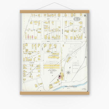 Old map wall art mockup — magnetic wood frame on white wall — Sanborn Fire Insurance Map from Mount Vernon, Posey County, Indiana (1899), Sheet #0009