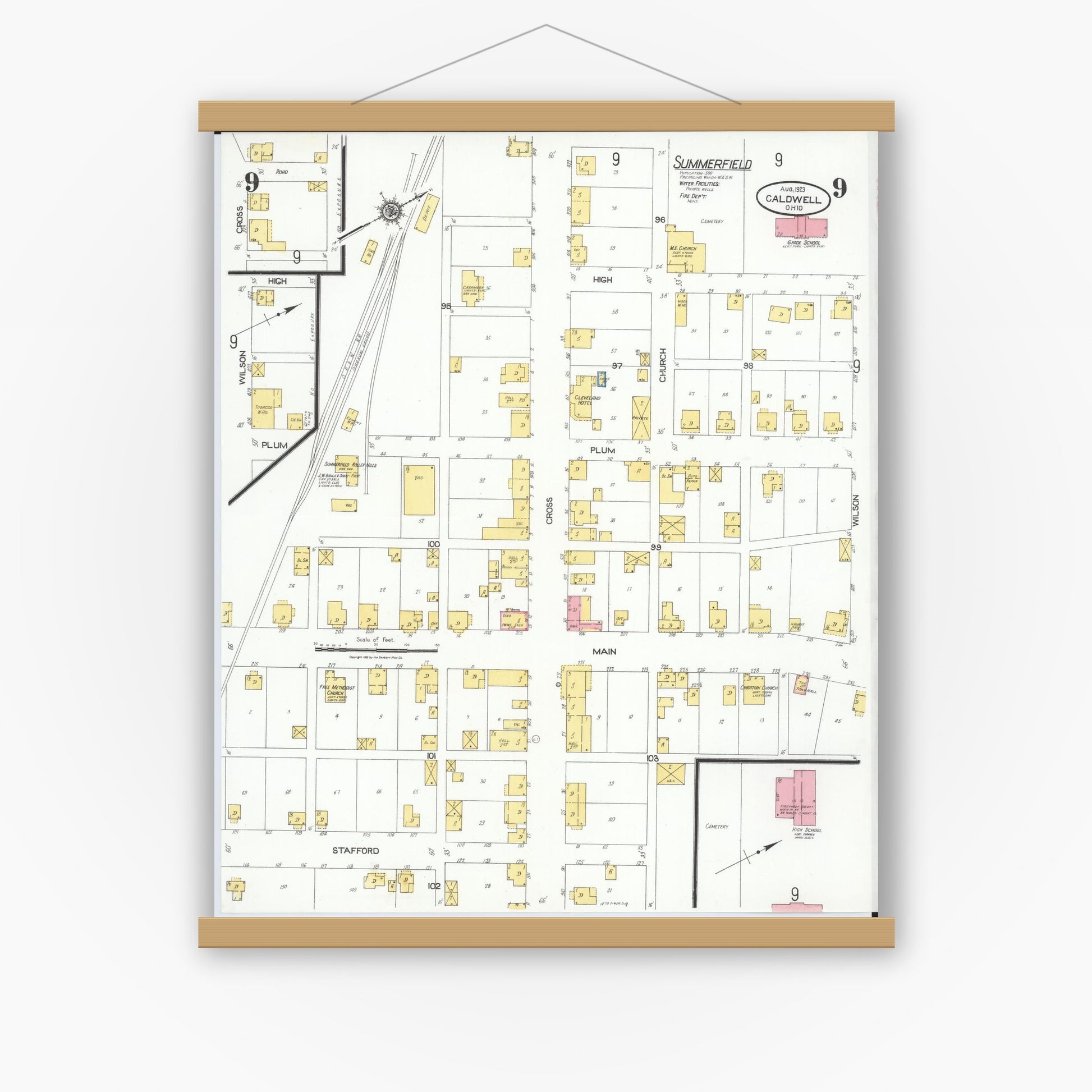 Old map wall art mockup — magnetic wood frame on white wall — Sanborn Fire Insurance Map from Caldwell, Noble County, Ohio (1923), Sheet #0009