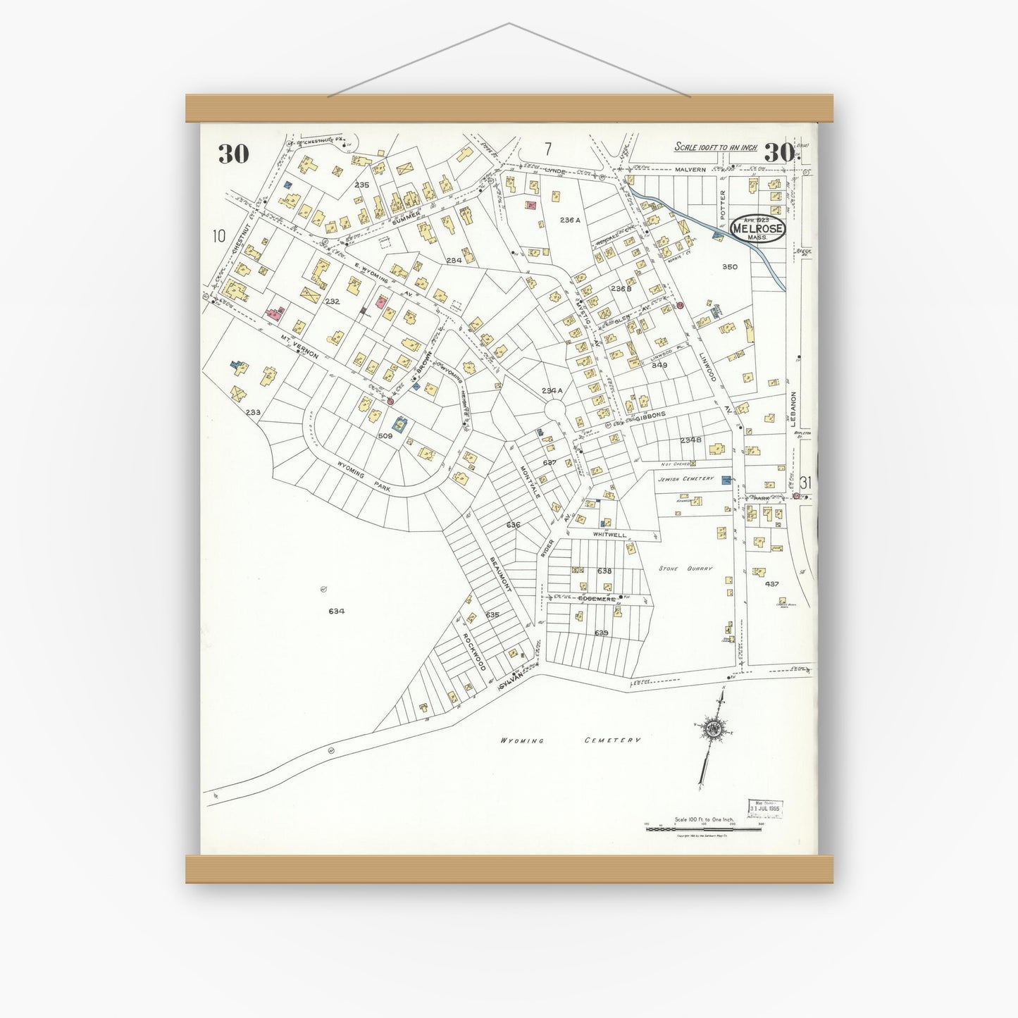 Old map wall art mockup — magnetic wood frame on white wall — Sanborn Fire Insurance Map from Melrose, Middlesex County, Massachusetts (1923), Sheet #0030