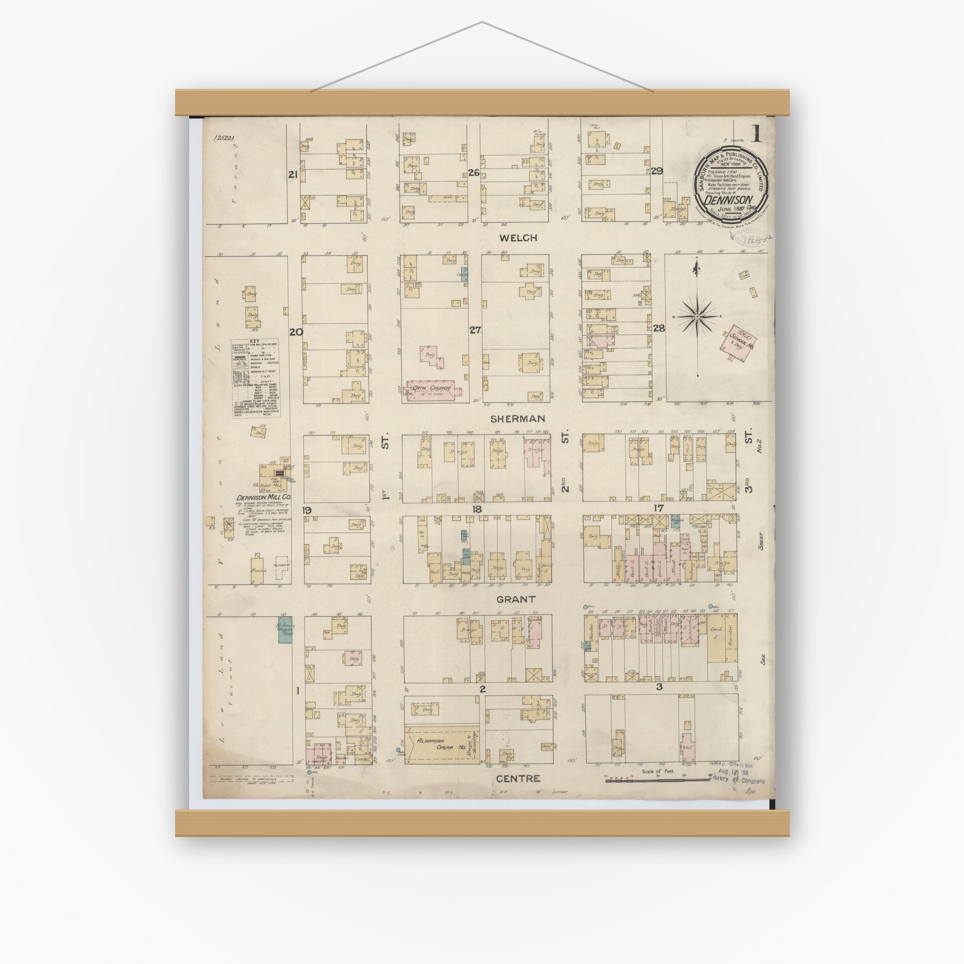 Old map wall art mockup — magnetic wood frame on white wall — Sanborn Fire Insurance Map from Dennison, Tuscarawas County, Ohio (1887) - Complete Map Set