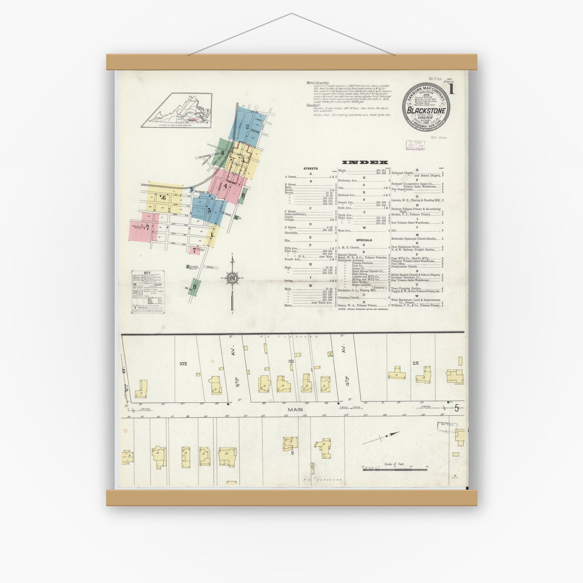 Old map wall art mockup — magnetic wood frame on white wall — Sanborn Fire Insurance Map from Blackstone, Nottoway County, Virginia (1913) - Complete Map Set