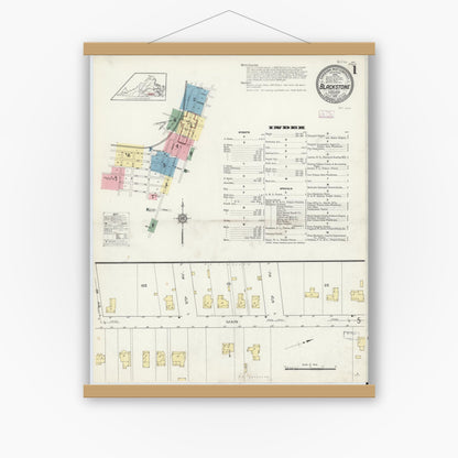 Old map wall art mockup — magnetic wood frame on white wall — Sanborn Fire Insurance Map from Blackstone, Nottoway County, Virginia (1913) - Complete Map Set