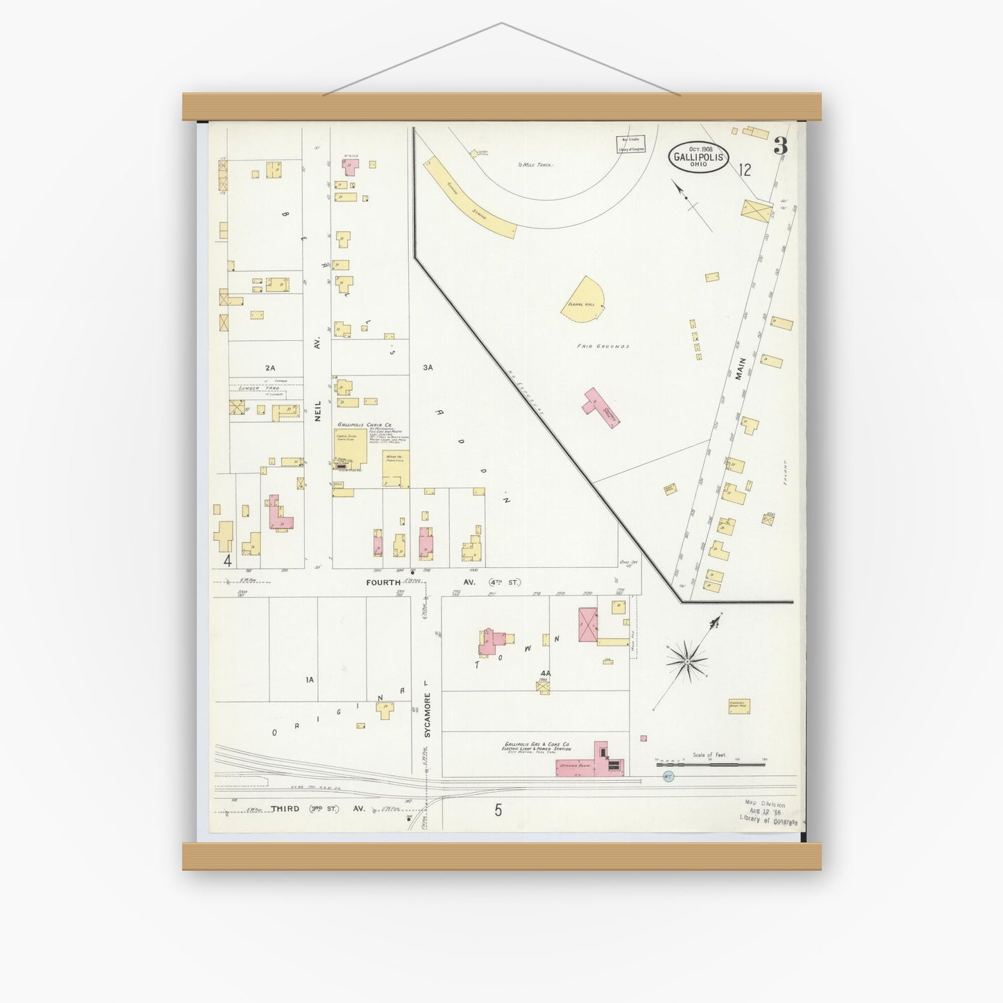 Old map wall art mockup — magnetic wood frame on white wall — Sanborn Fire Insurance Map from Gallipolis, Gallia County, Ohio (1908), Sheet #0003