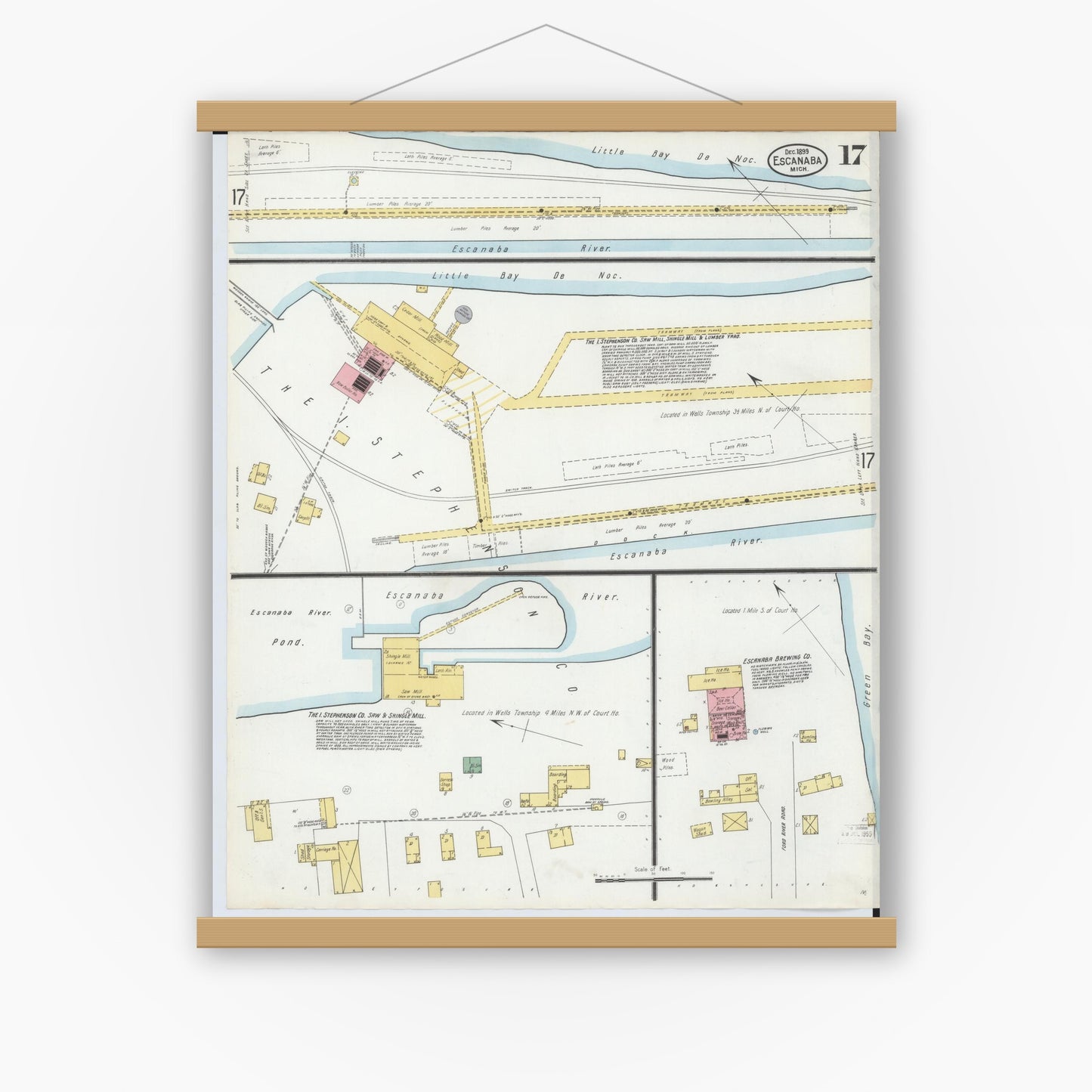 Old map wall art mockup — magnetic wood frame on white wall — Sanborn Fire Insurance Map from Escanaba, Delta County, Michigan (1899), Sheet #0017