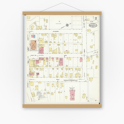 Old map wall art mockup — magnetic wood frame on white wall — Sanborn Fire Insurance Map from Woodsfield, Monroe County, Ohio (1911), Sheet #0002