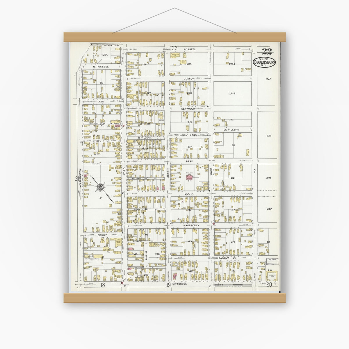 Old map wall art mockup — magnetic wood frame on white wall — Sanborn Fire Insurance Map from Ogdensburg, St. Lawrence County, New York (1918), Sheet #0022