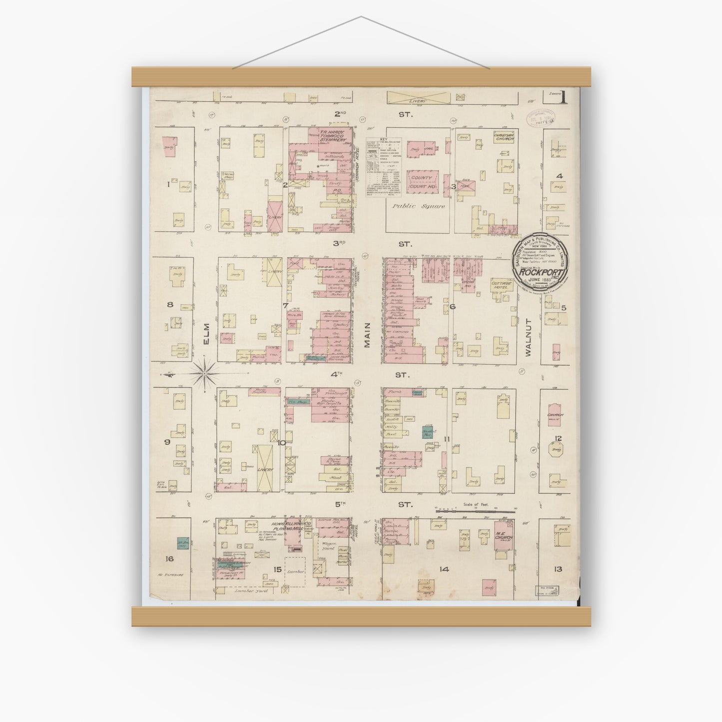 Old map wall art mockup — magnetic wood frame on white wall — Sanborn Fire Insurance Map from Rockport, Spencer County, Indiana (1885) - Complete Map Set