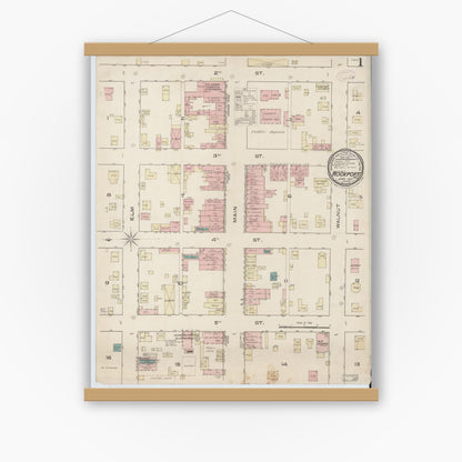 Old map wall art mockup — magnetic wood frame on white wall — Sanborn Fire Insurance Map from Rockport, Spencer County, Indiana (1885) - Complete Map Set