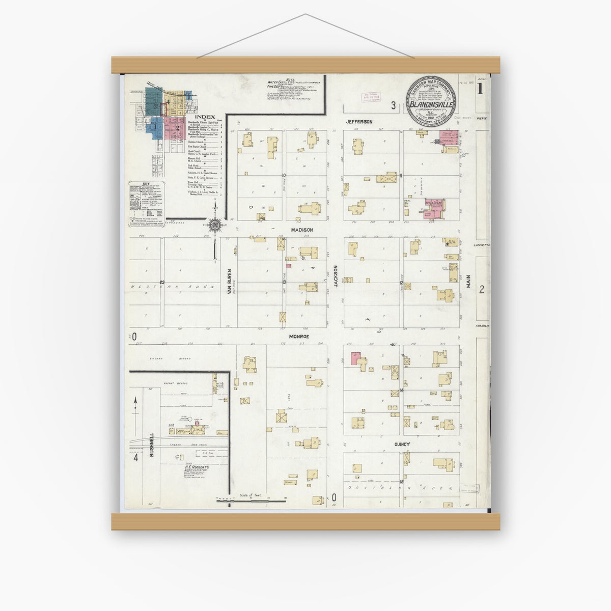 Old map wall art mockup — magnetic wood frame on white wall — Sanborn Fire Insurance Map from Blandinsville, Mcdonough County, Illinois (1912), Sheet #0001