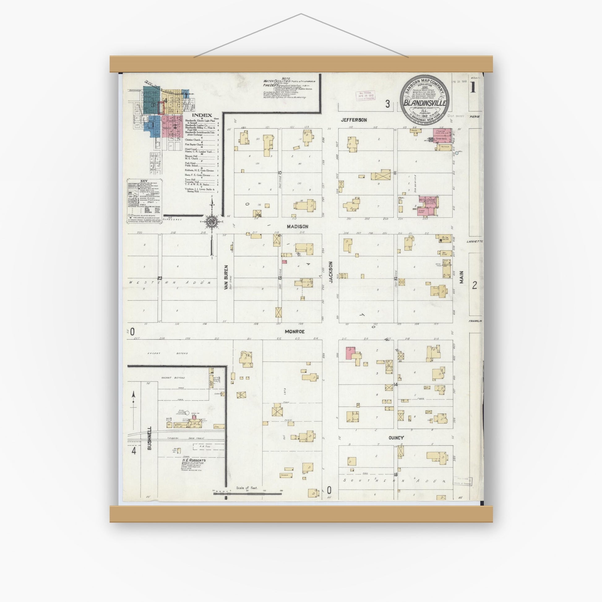 Old map wall art mockup — magnetic wood frame on white wall — Sanborn Fire Insurance Map from Blandinsville, Mcdonough County, Illinois (1912), Sheet #0001