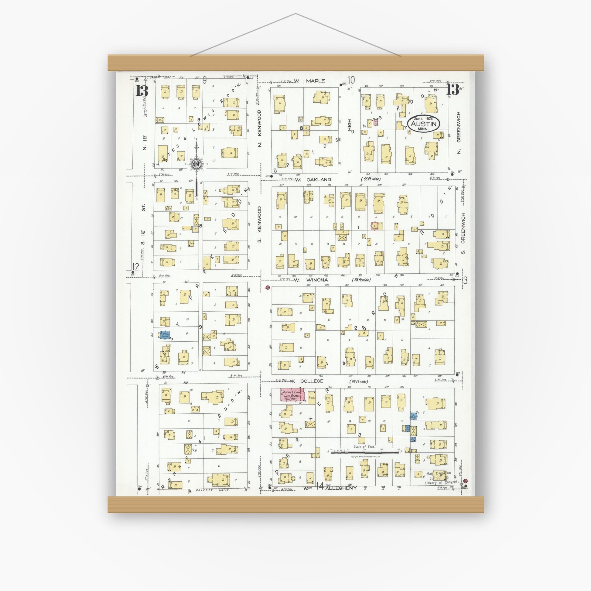 Old map wall art mockup — magnetic wood frame on white wall — Sanborn Fire Insurance Map from Austin, Mower County, Minnesota (1926), Sheet #0013