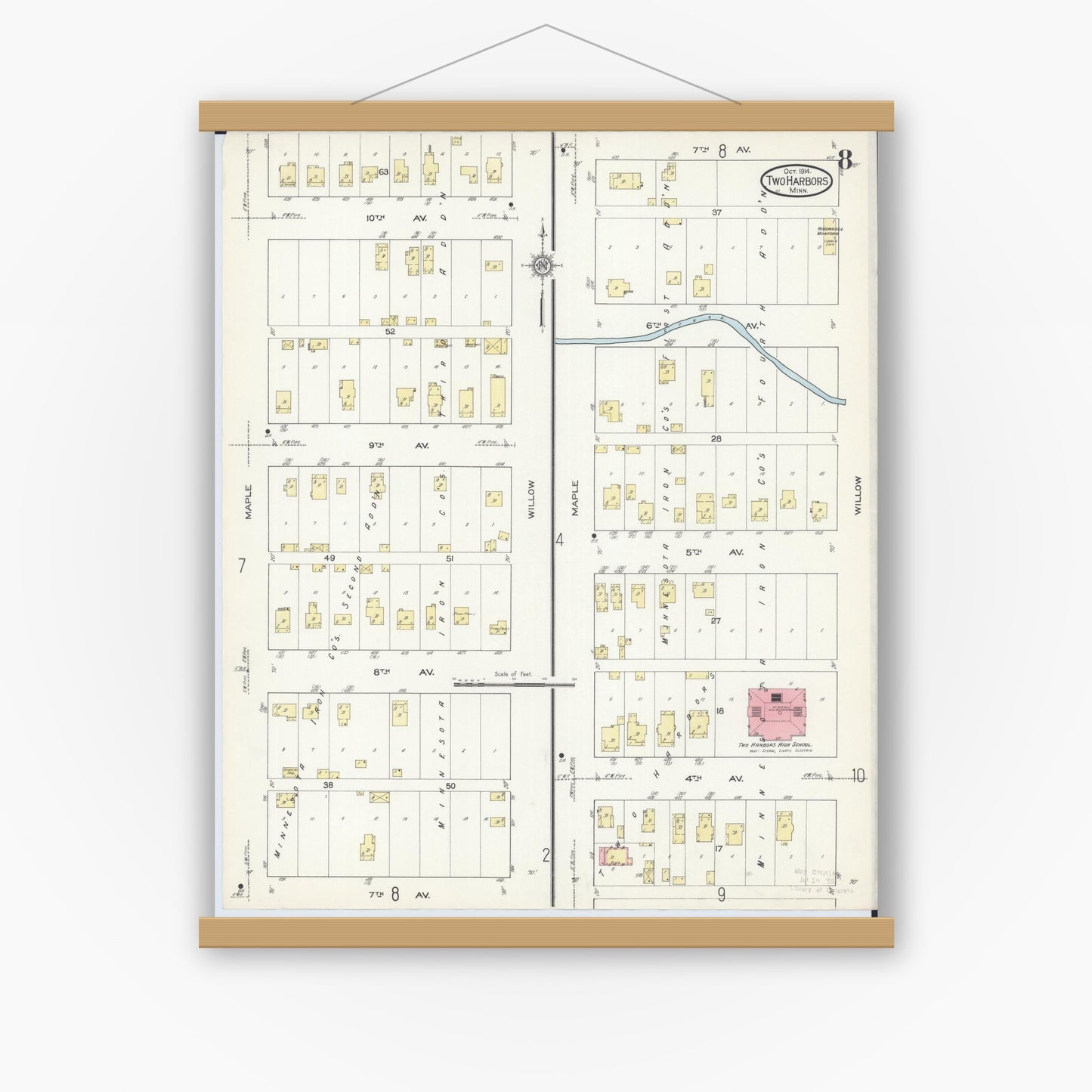 Old map wall art mockup — magnetic wood frame on white wall — Sanborn Fire Insurance Map from Two Harbors, Lake County, Minnesota (1914), Sheet #0008