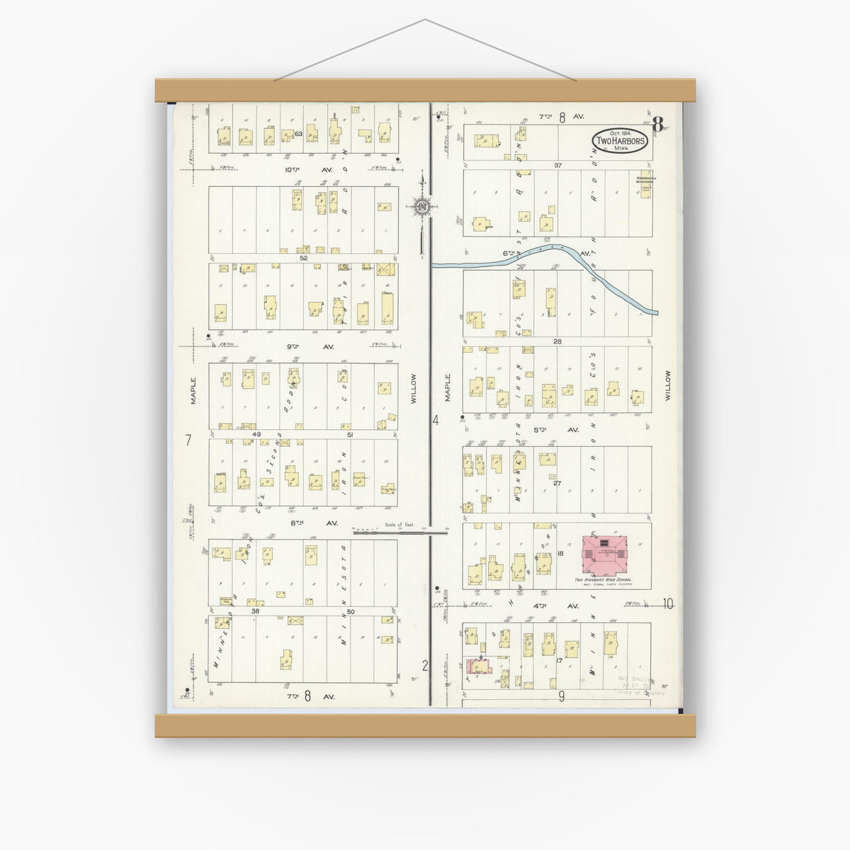 Old map wall art mockup — magnetic wood frame on white wall — Sanborn Fire Insurance Map from Two Harbors, Lake County, Minnesota (1914), Sheet #0008