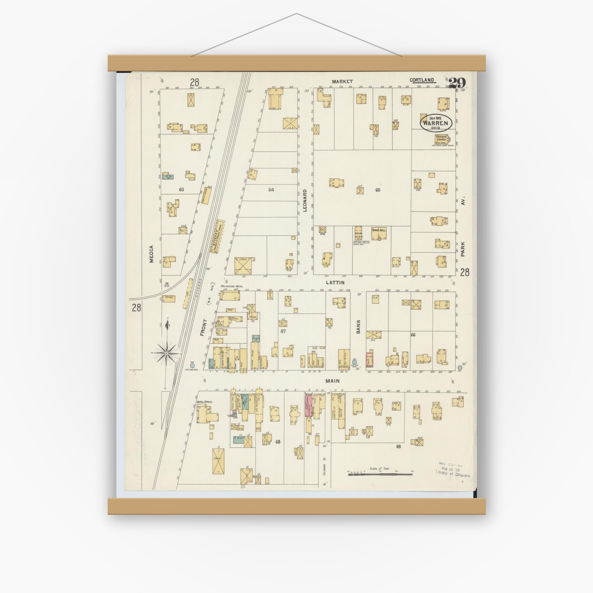 Old map wall art mockup — magnetic wood frame on white wall — Sanborn Fire Insurance Map from Warren, Trumbull County, Ohio (1902), Sheet #0029