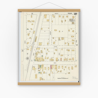 Old map wall art mockup — magnetic wood frame on white wall — Sanborn Fire Insurance Map from Warren, Trumbull County, Ohio (1902), Sheet #0029