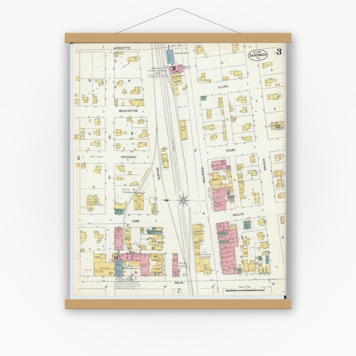 Old map wall art mockup — magnetic wood frame on white wall — Sanborn Fire Insurance Map from Sandwich, De Kalb County, Illinois (1902), Sheet #0003