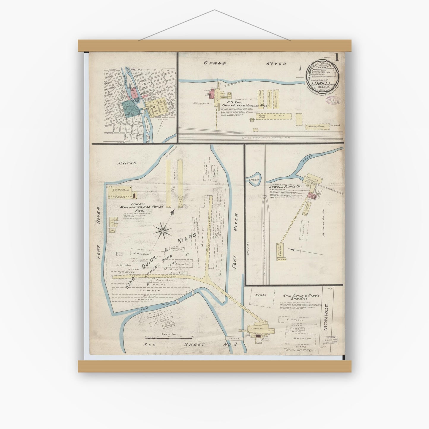 Old map wall art mockup — magnetic wood frame on white wall — Sanborn Fire Insurance Map from Lowell, Kent County, Michigan (1885) - Complete Map Set