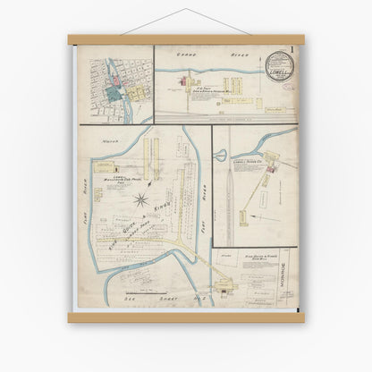 Old map wall art mockup — magnetic wood frame on white wall — Sanborn Fire Insurance Map from Lowell, Kent County, Michigan (1885) - Complete Map Set