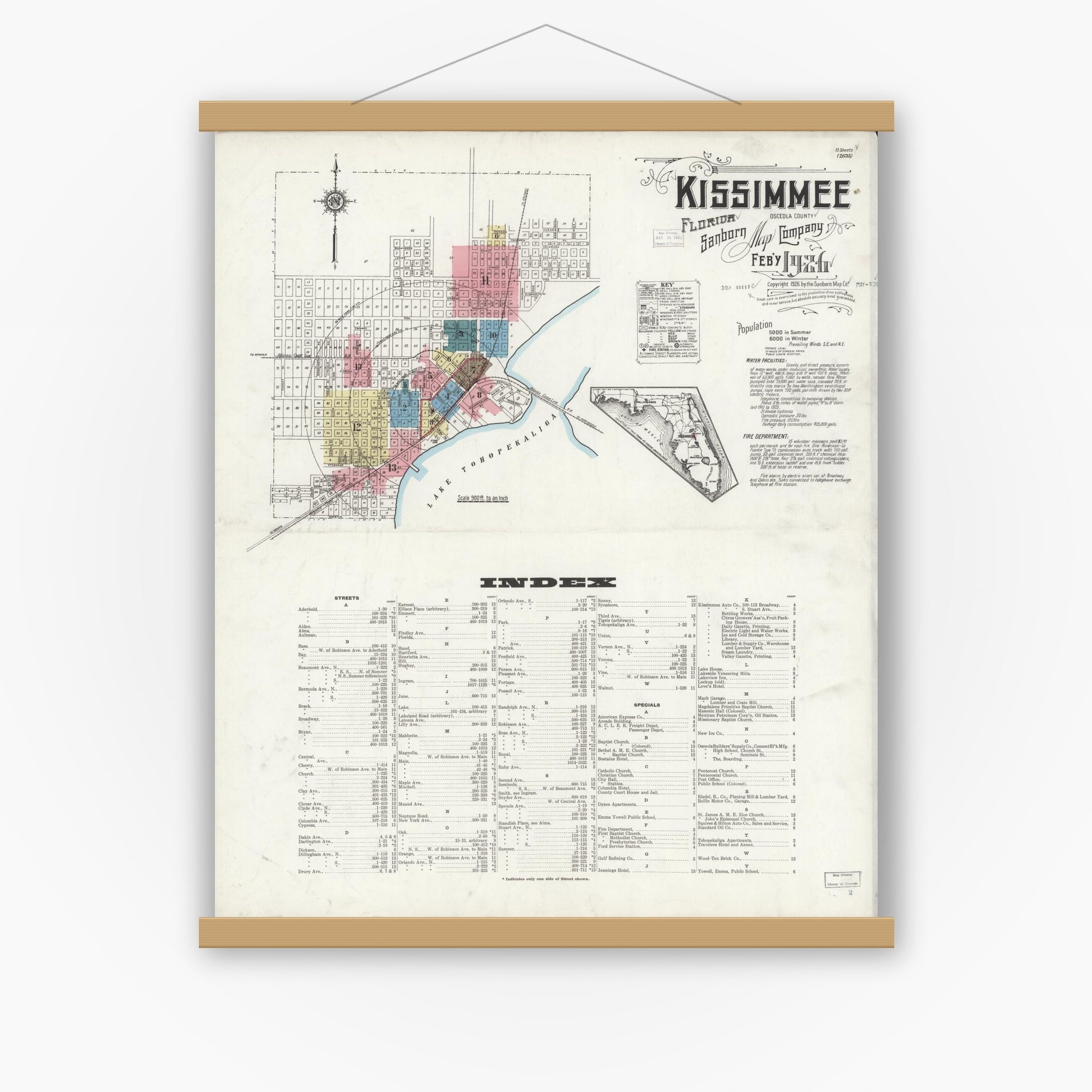 Old map wall art mockup — magnetic wood frame on white wall — Sanborn Fire Insurance Map from Kissimmee, Osceola County, Florida (1926), Sheet #0001