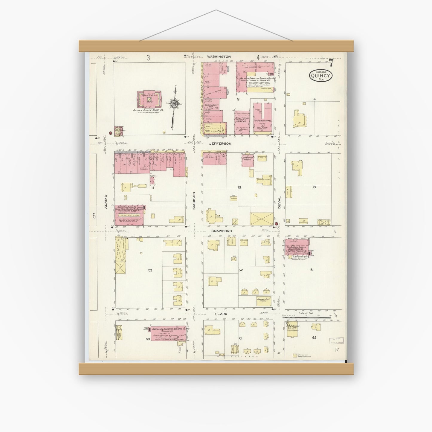Old map wall art mockup — magnetic wood frame on white wall — Sanborn Fire Insurance Map from Quincy, Gadsden County, Florida (1913), Sheet #0007