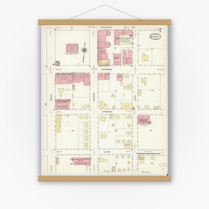 Old map wall art mockup — magnetic wood frame on white wall — Sanborn Fire Insurance Map from Quincy, Gadsden County, Florida (1913), Sheet #0007