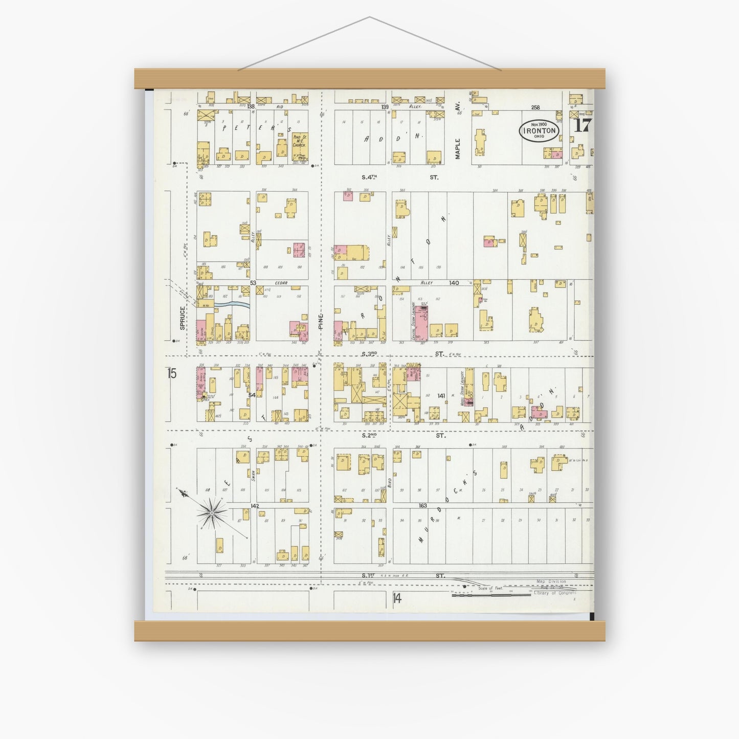 Old map wall art mockup — magnetic wood frame on white wall — Sanborn Fire Insurance Map from Ironton, Lawrence County, Ohio (1900), Sheet #0017