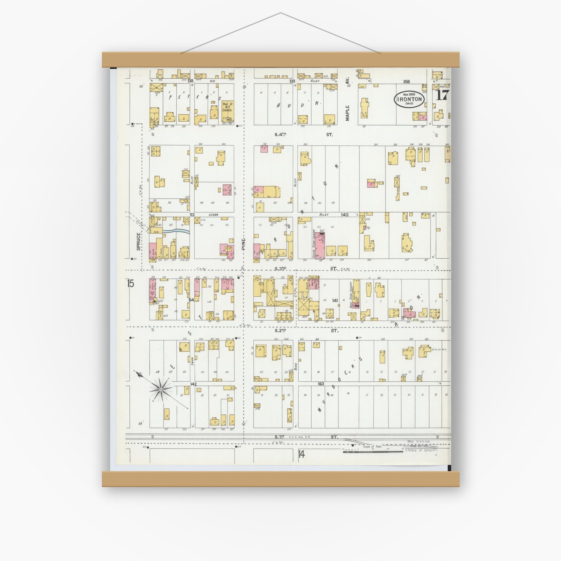 Old map wall art mockup — magnetic wood frame on white wall — Sanborn Fire Insurance Map from Ironton, Lawrence County, Ohio (1900), Sheet #0017