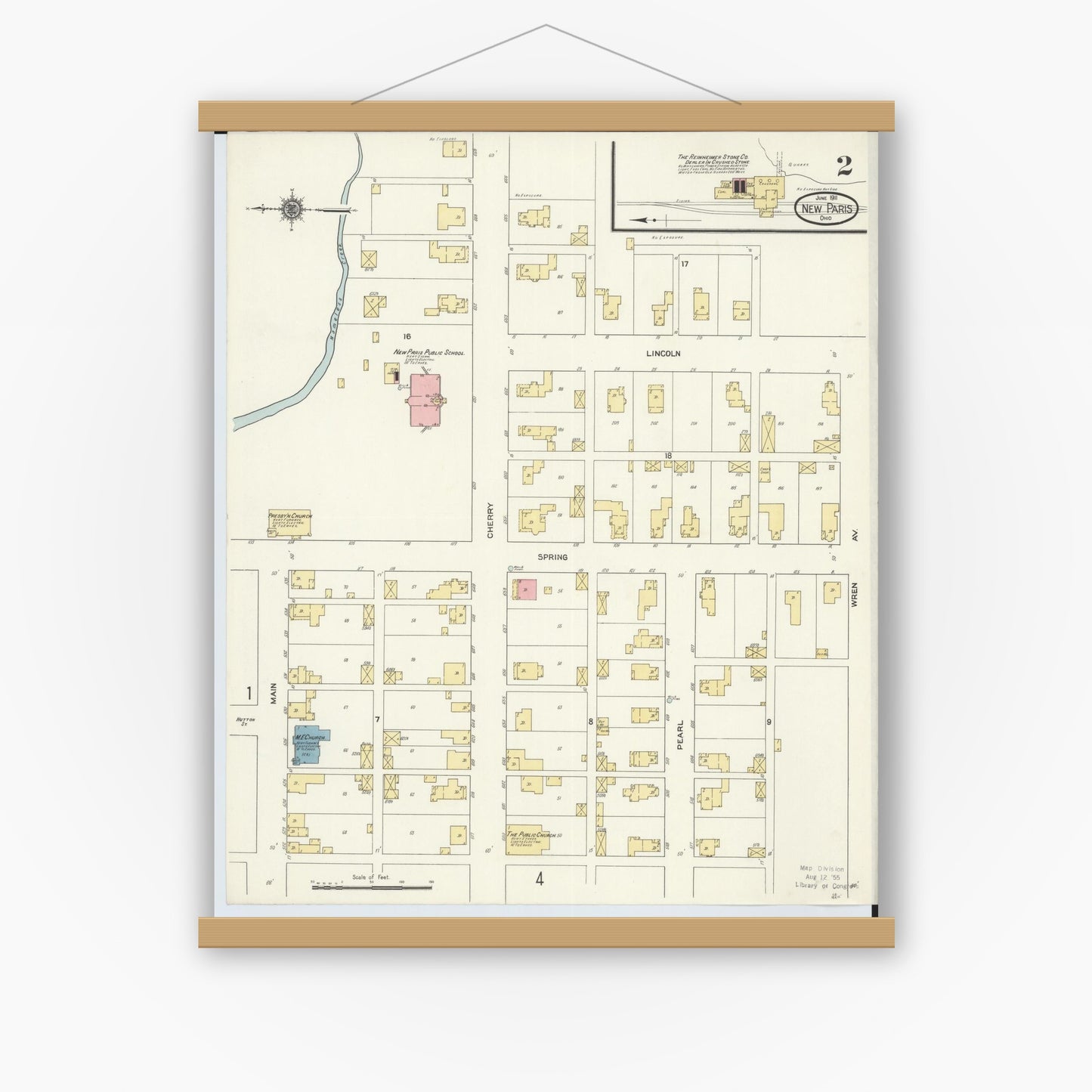 Old map wall art mockup — magnetic wood frame on white wall — Sanborn Fire Insurance Map from New Paris, Preble County, Ohio (1911), Sheet #0002