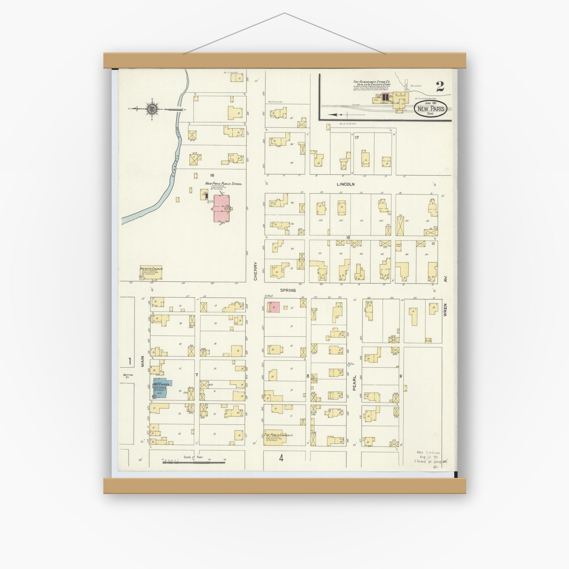 Old map wall art mockup — magnetic wood frame on white wall — Sanborn Fire Insurance Map from New Paris, Preble County, Ohio (1911), Sheet #0002