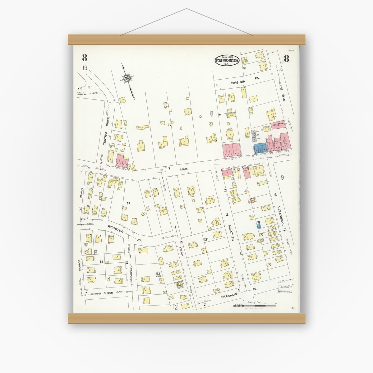 Old map wall art mockup — magnetic wood frame on white wall — Sanborn Fire Insurance Map from Port Washington, Nassau County, New York (1925), Sheet #0008