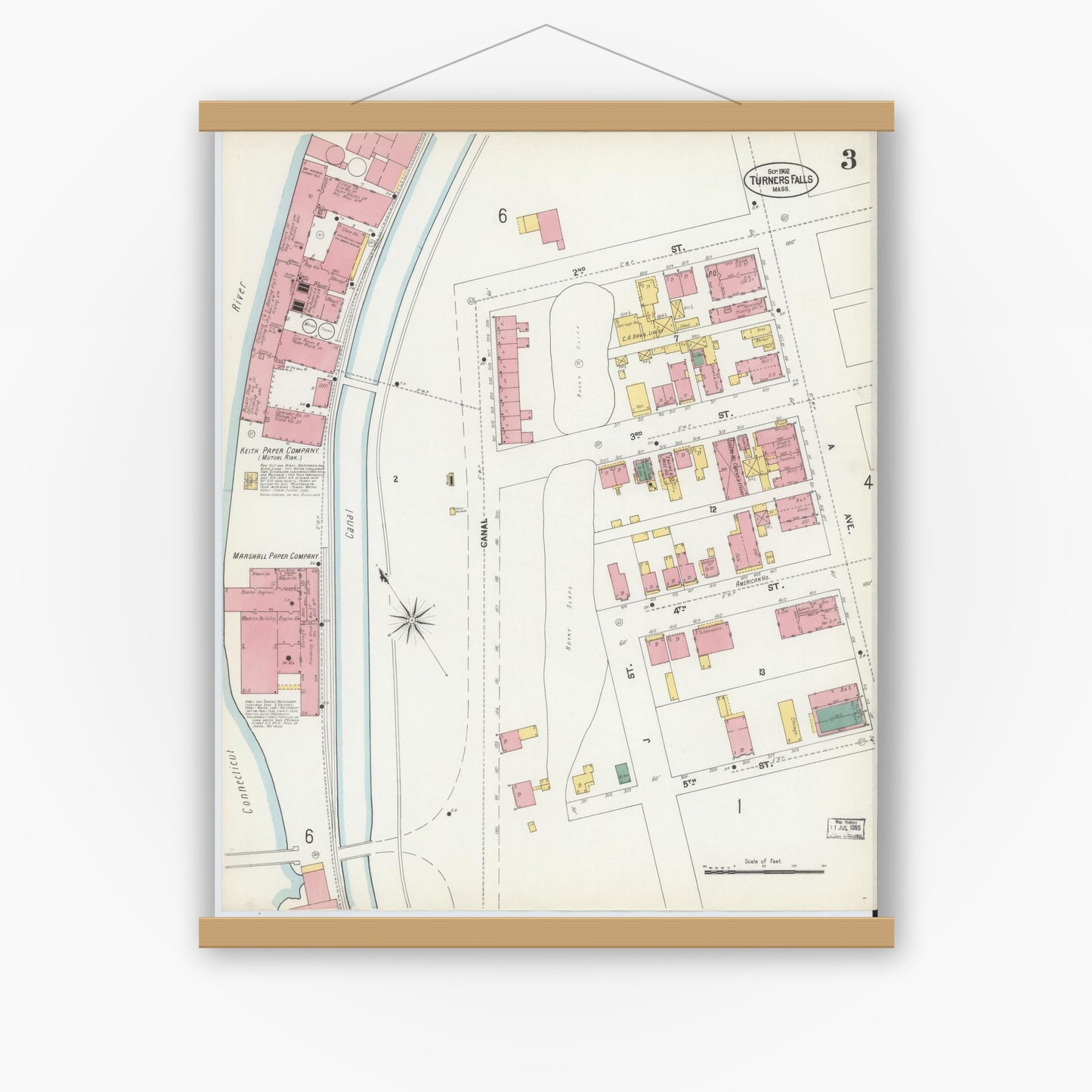 Old map wall art mockup — magnetic wood frame on white wall — Sanborn Fire Insurance Map from Turners Falls, Franklin County, Massachusetts (1902), Sheet #0003