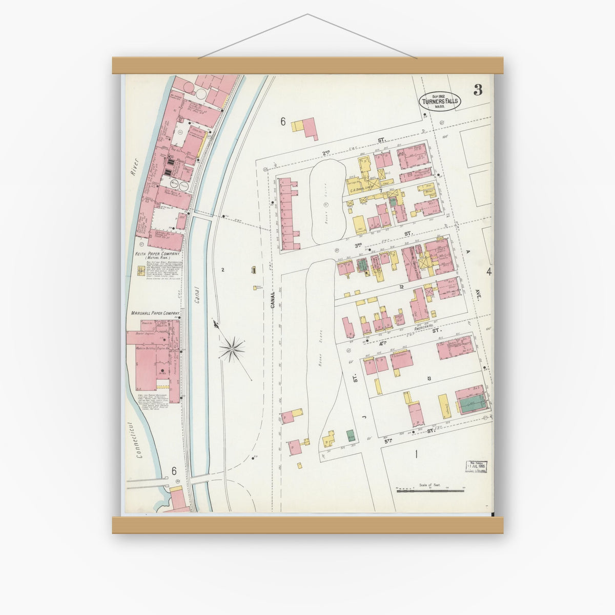 Old map wall art mockup — magnetic wood frame on white wall — Sanborn Fire Insurance Map from Turners Falls, Franklin County, Massachusetts (1902), Sheet #0003