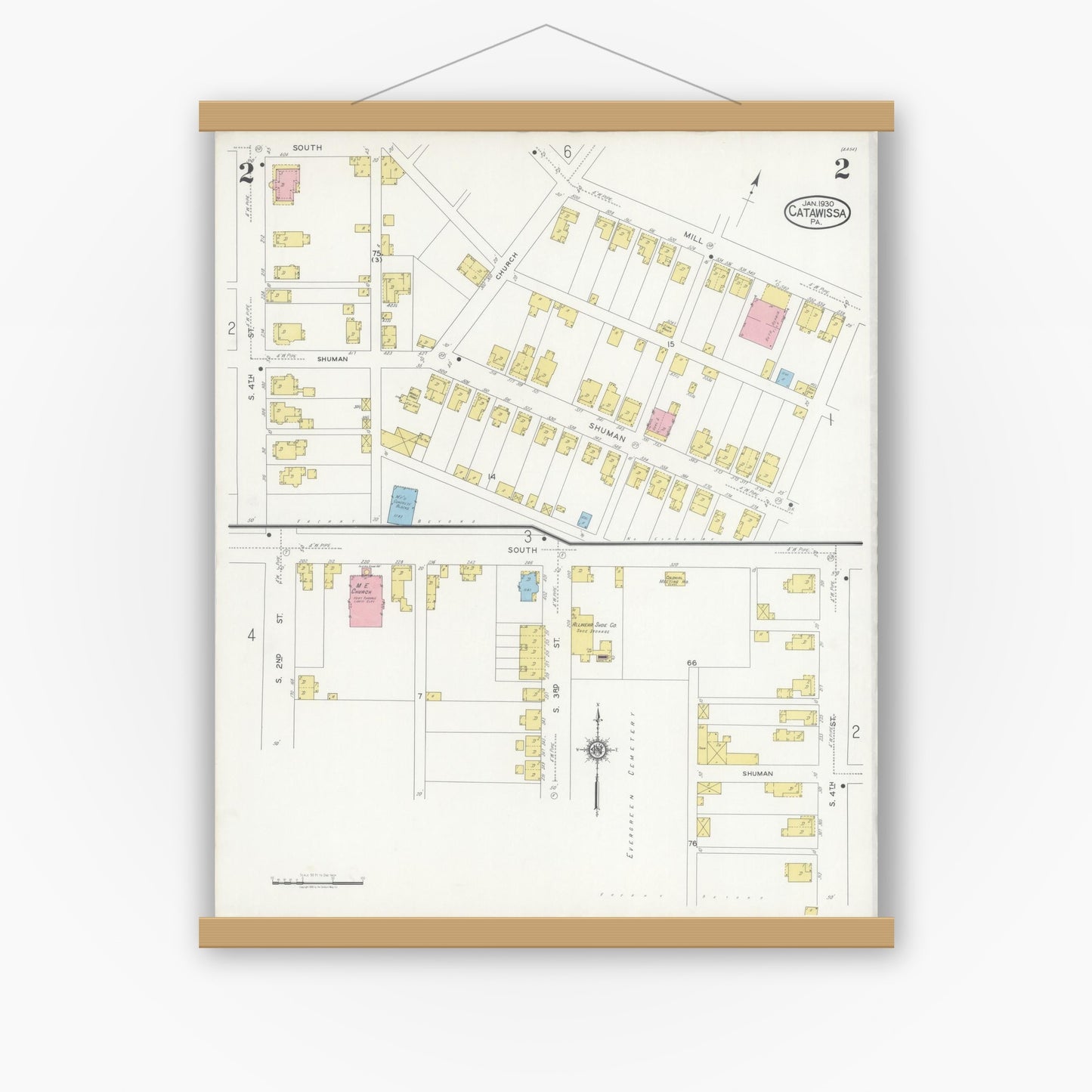 Old map wall art mockup — magnetic wood frame on white wall — Sanborn Fire Insurance Map from Catawissa, Columbia County, Pennsylvania (1930), Sheet #0002
